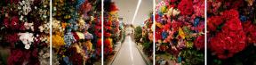 A pentaptych photograph of a store aisle's shelves filled with artificial flowers.